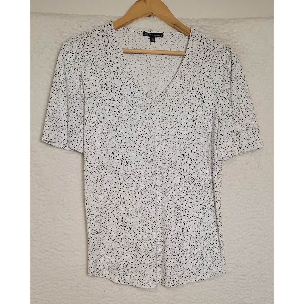 Adrianna Papell Top White Black Polka Dot Ruffle Short Sleeve Blouse Size S 0996